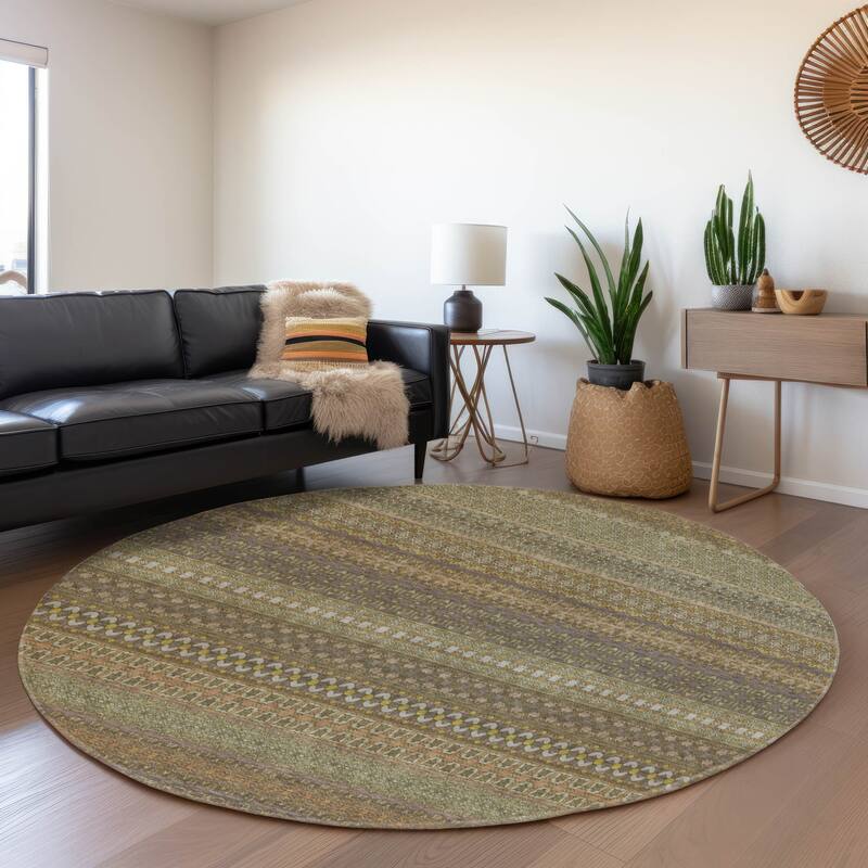 Premium Washable Super Soft Boho Stripes Mayfield Rug - Khaki - 8' x 8' - Round