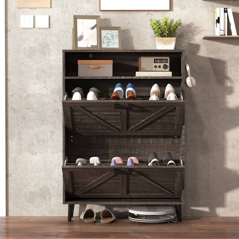 GDFStudio - Charlotte Farmhouse Shoe Storage Cabinet with Barn Door Elegance and Smart Organization