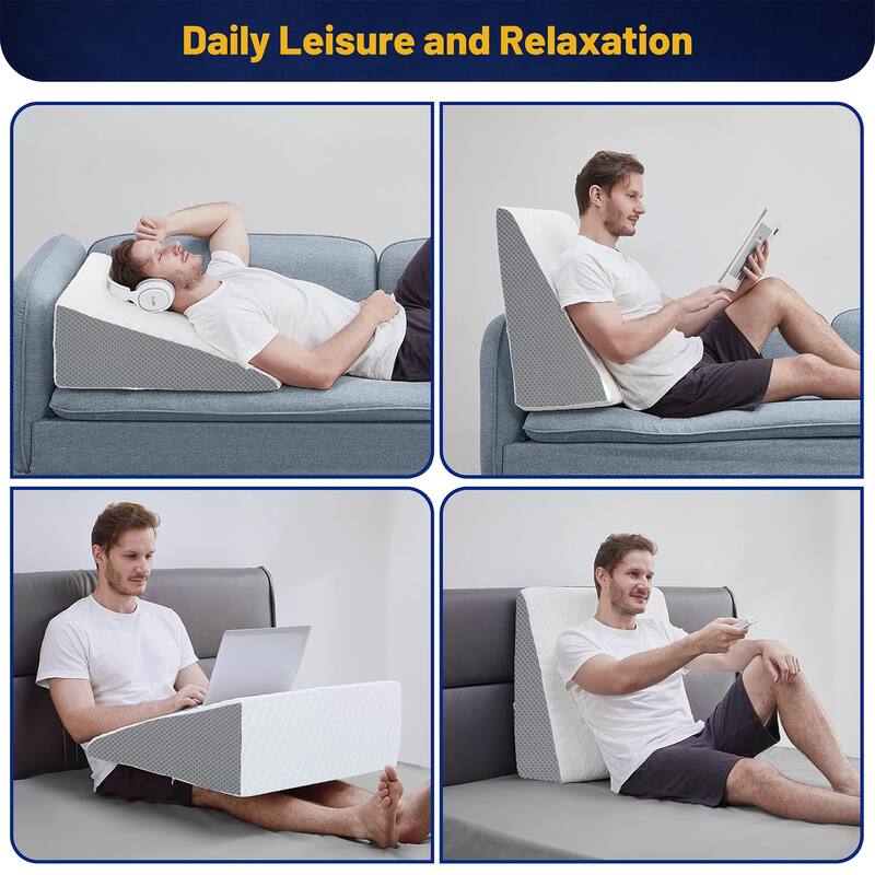 12-Inch Bed Wedge Pillow with High Density Foam, Stylish Chic Jacquard Cover, Wedge Pillow for Sleeping, Reading, White