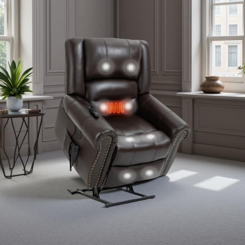 Genuine Leather Electric Lift Recliner with Dual Motors, 8-Point Massage, Heating, USB Charging, and Infinite Recline - Brown