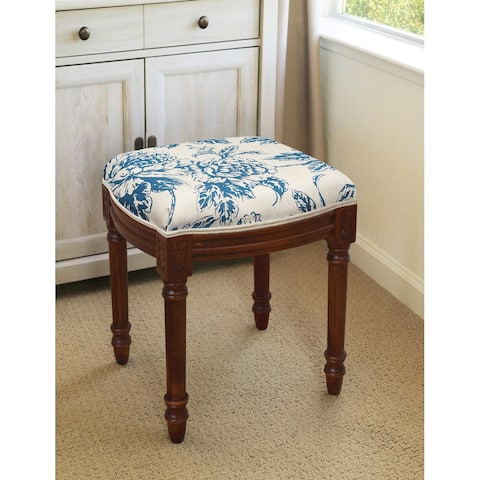 Navy Blue Peony Vanity Stool with wood stained finish