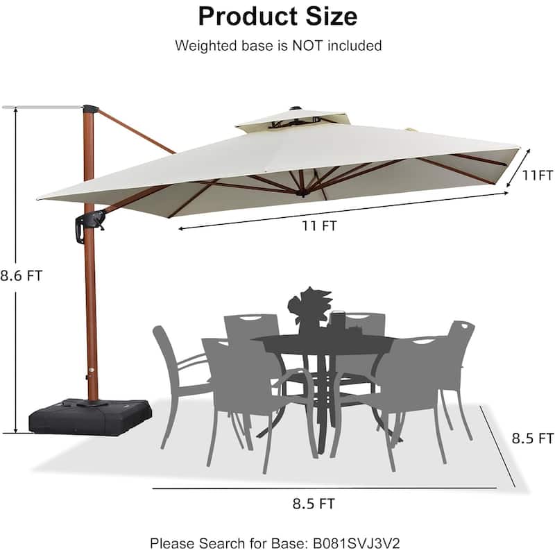 PURPLE LEAF 11ft Square Wood Pattern Patio Cantilever Umbrella