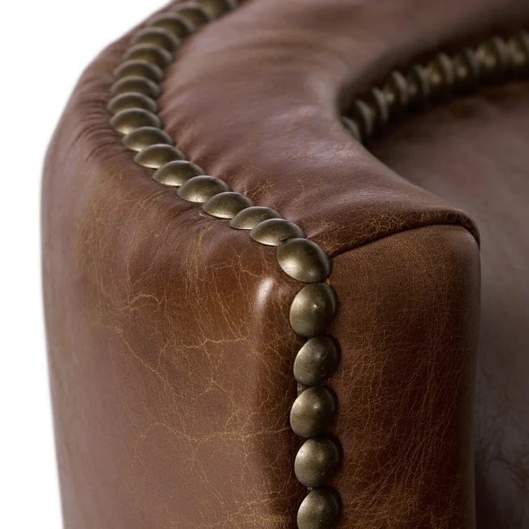 Brown Modern 29.25" Genuine Leather Upholstered Accent Chair with Rubber Wood Legs and Nailheads for Living Room