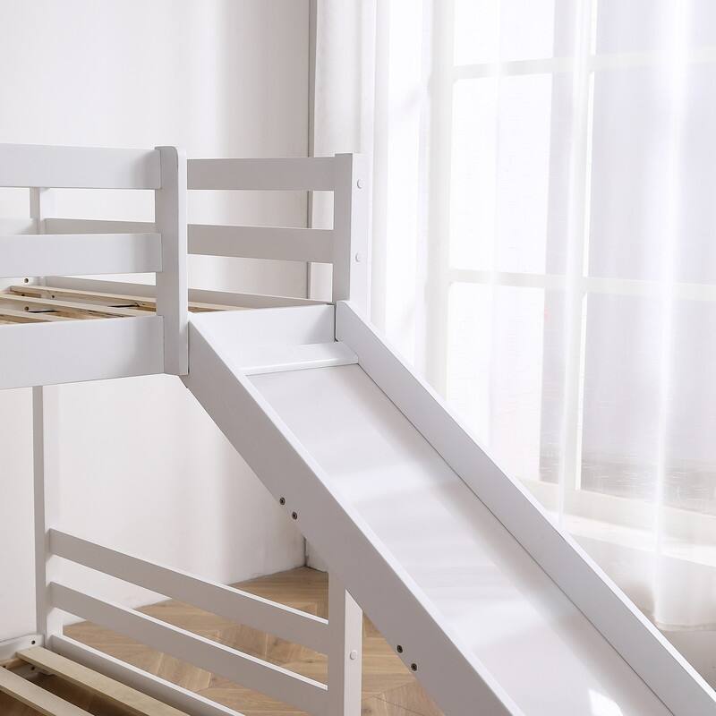 White Elevated Cross Guard Rail with Slide Twin Pine Wooden Bed
