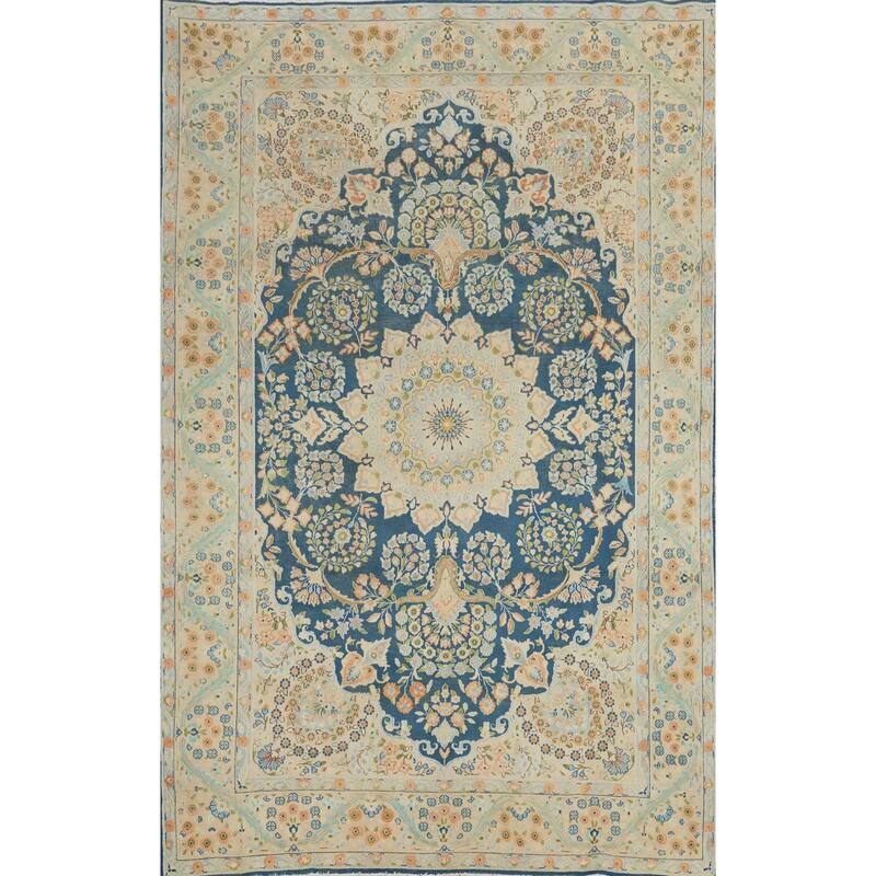 Hand Knotted Oriental 100% Wool Carpet Traditional Floral Navy Blue & Blues Kerman Area Rug - 10' 0'' X 6' 9''
