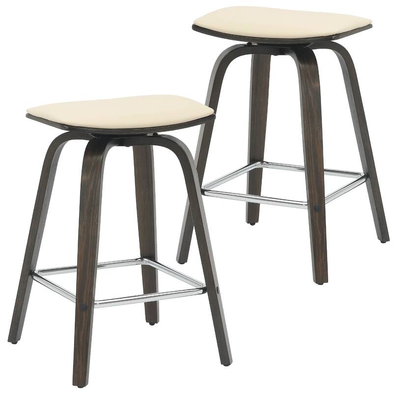 Pelya Leather Swivel Square Counter Stool with Wood Legs and Chrome Footrest for Kitchen Island or Dining Area Set of 2 - Dark Walnut/Taupe