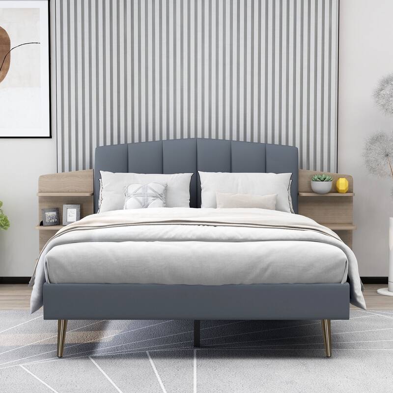 Alazyhome Upholstered Platform Bed Frame with Bedside Cupboard
