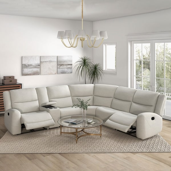 slide 2 of 4, Furniture of America Jorwyn Beige Fabric 6-Seater Reclining Sectional Sofa with Cup Holders Beige