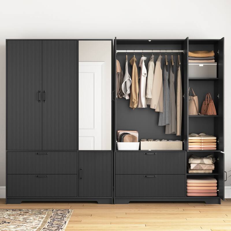 4 Doors Wardrobe Closet with Mirror, LED Wardrobe with Doors and 2 Drawers, Wooden Wardrobe Storage Cabinet with Hanging Rod