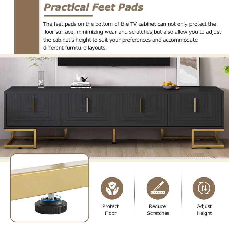 Geometric Lines TV Stand with Metal Legs, Gold Handles for TVs Up to 80", Wood Media Console Table w/ Cabinets for Home