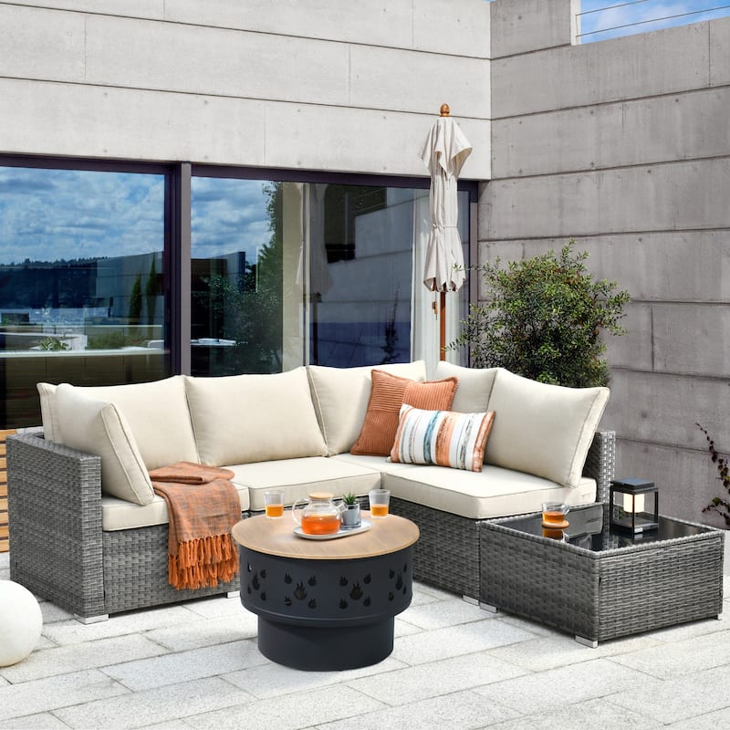 XIZZI 6-piece Outdoor Wicker Furniture Sectional Set with Wood Burning Firepit - Beige
