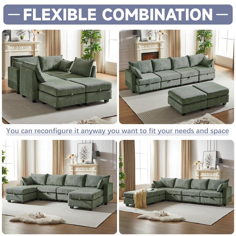 113.5" Corduroy U-Shaped Sectional Sofa with Storage Ottoman, 6-Seat Modular Design and Convertible Chaise