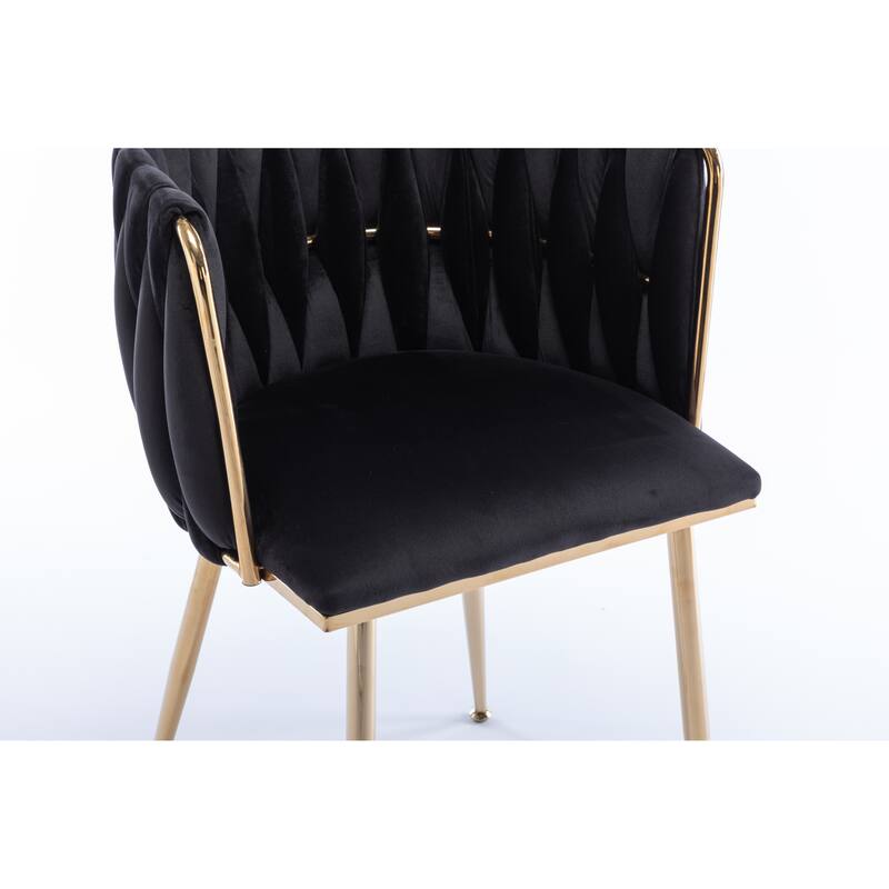 Velvet Fabric Dining Chairs Set of 2, Ergonomic Upholstered Lounge Chair, Accent Chairs with Woven Back & Metal Legs