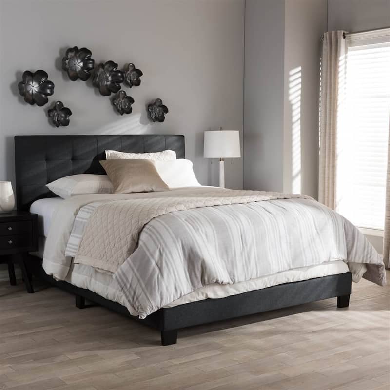 Queen Size Bed with Padded Headboard - Charcoal Grey Fabric Platform Bed Frame, Modern Design