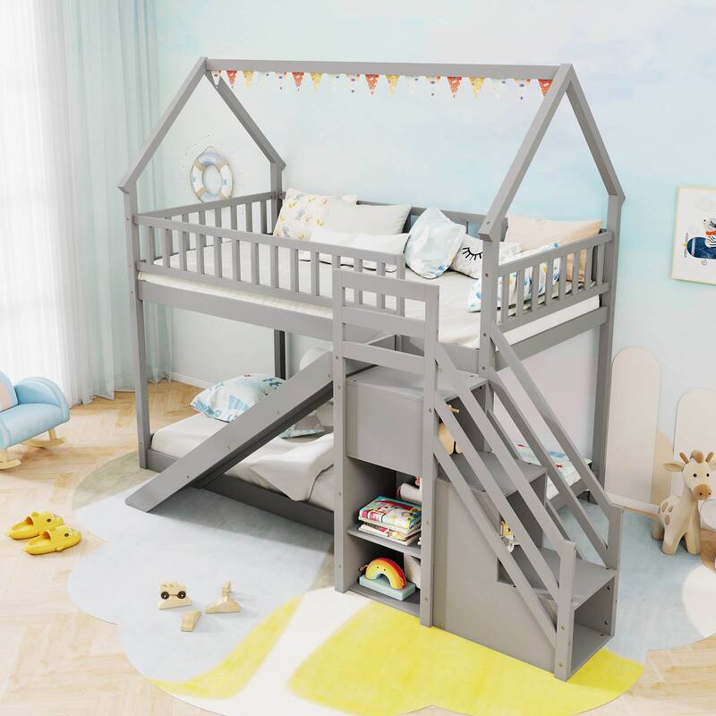 Costway Twin Over Twin Bunk Bed with Slide & Staircase with Storage - See Details