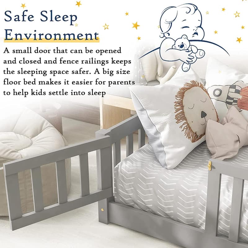 Twin/Full/Queen Size Floor Bed with Safety Guardrails, Toddler Floor
