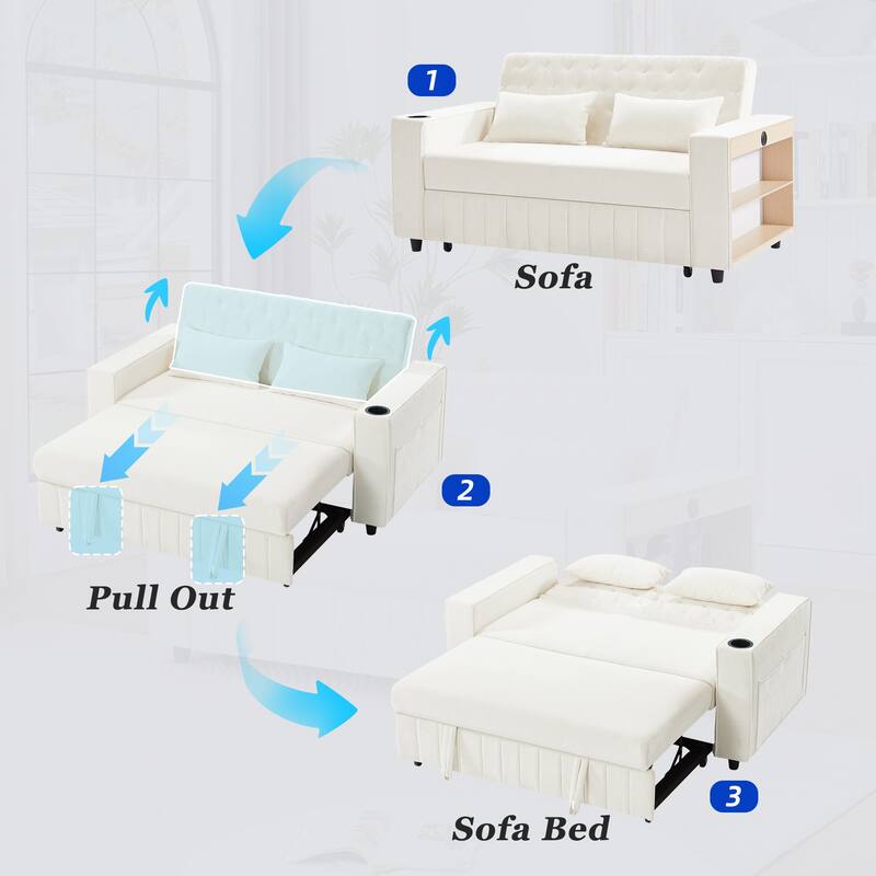 61.41" Chenille Convertible Sofa Bed with Adjustable Backrest, USB & Cup Holders