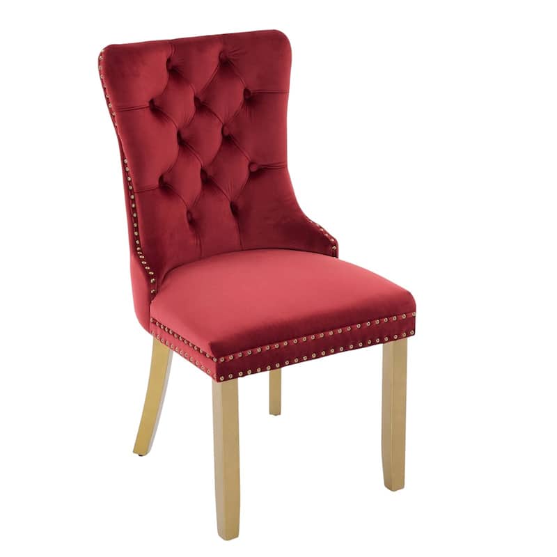 HomeRoots Set of Two Red and Gold Tufted Velvet And Solid Wood Dining Side Chairs - 19.70 in. x 37.50 in. x 17.30 in.