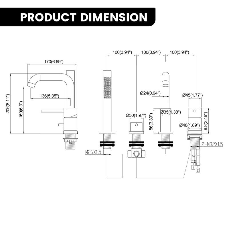 Solid Brass 2-Handle Deck Mounted Roman Tub Faucet with Handheld Shower