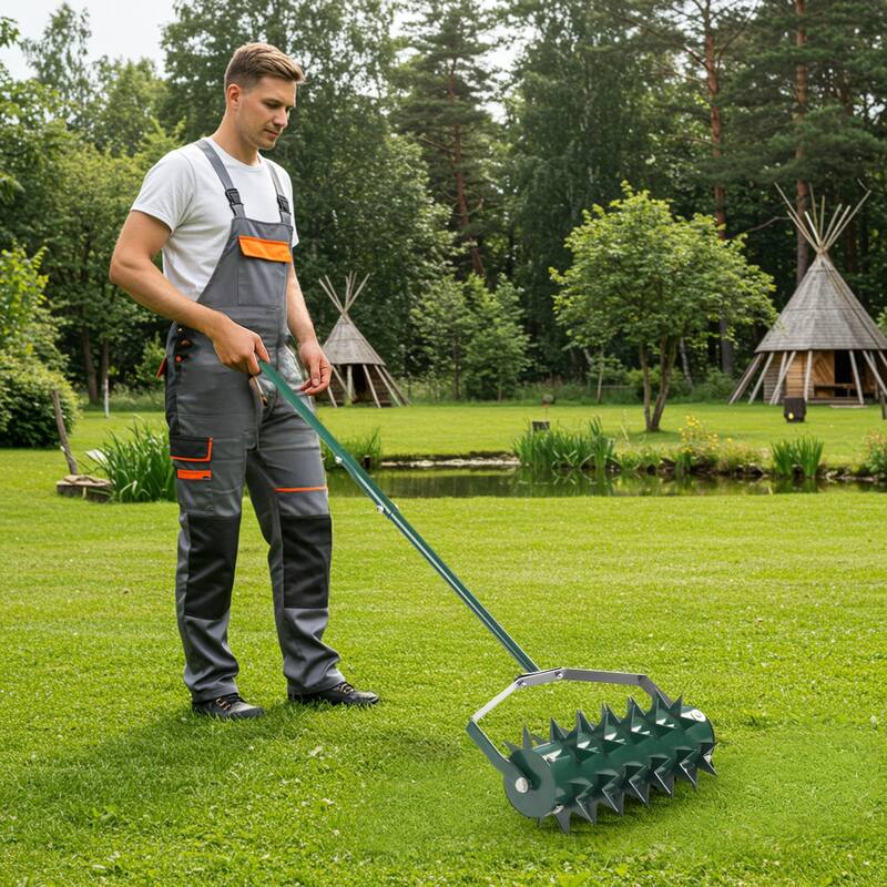 Green Lawn Aerator with Heavy-Duty Galvanized Steel Drum and Double Spikes and Rubber Handle - (17.3 x 6.7 x 59.8) in