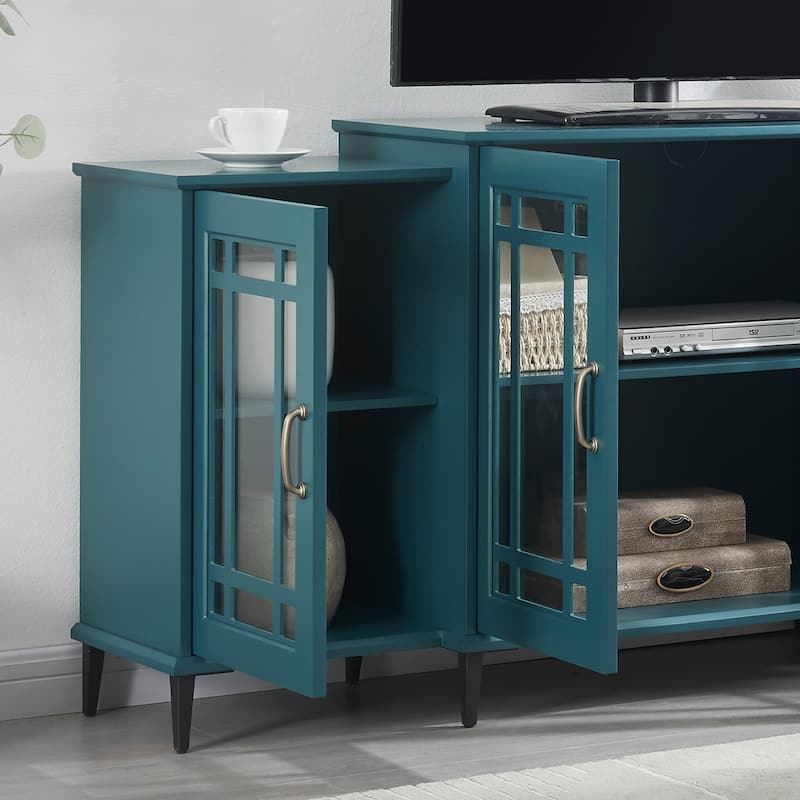 Multifunctional Wooden TV Stand, Kitchen Cupboard with 4 Tempered Glass Door, Console Table with Adjustable Shelves