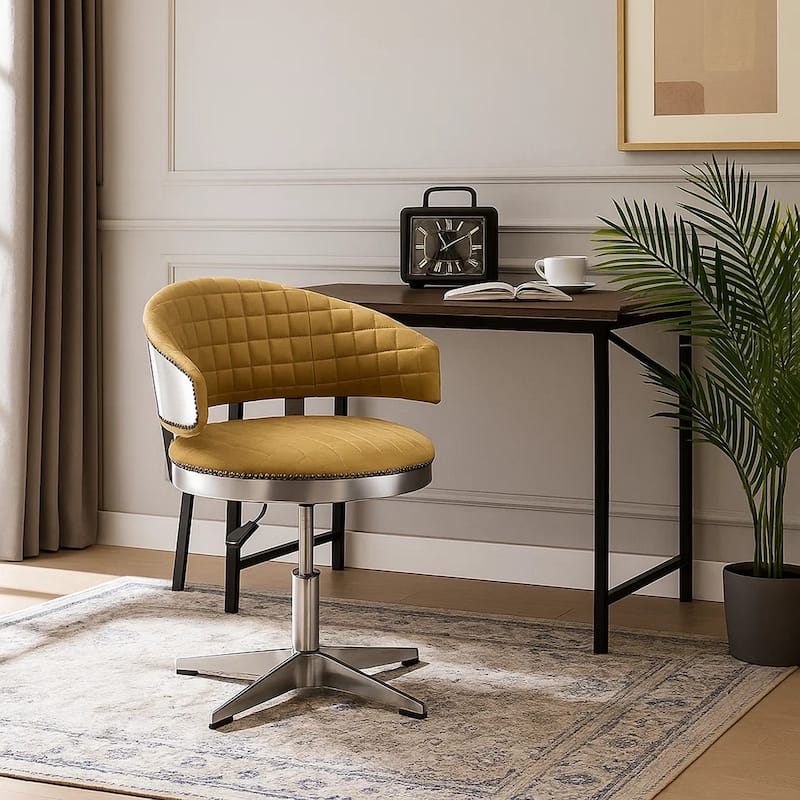 Swivel Leatherette Chair with Curved Back and Metal Star Base, Yellow