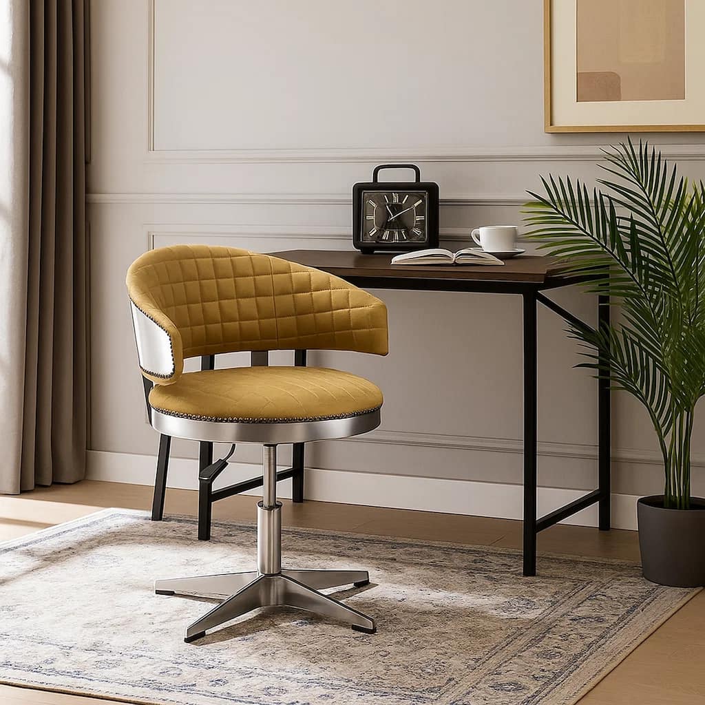 Swivel Leatherette Chair with Curved Back and Metal Star Base, Yellow