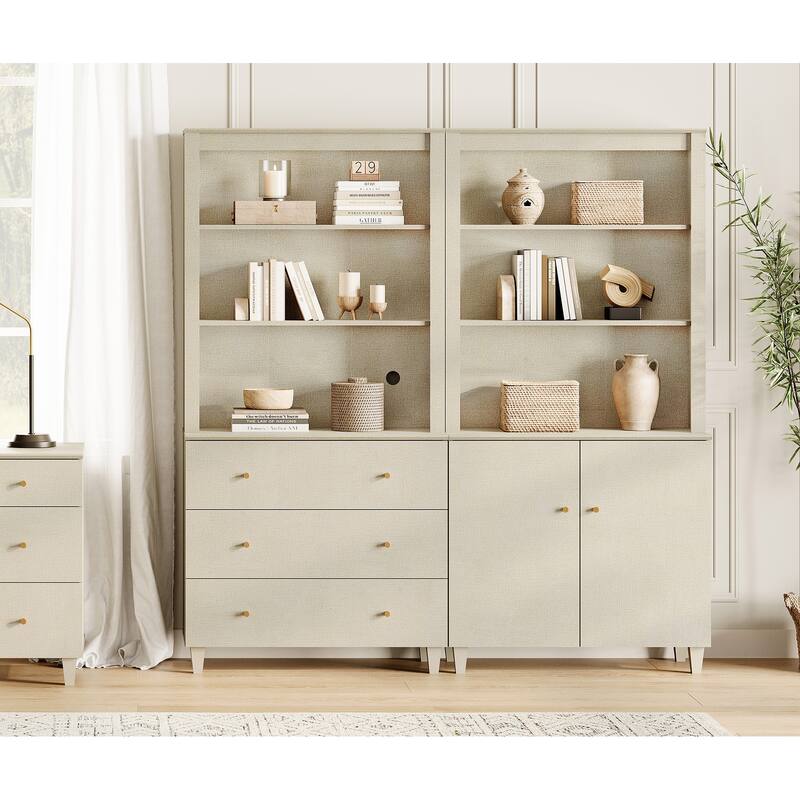 WAMPAT 71" Tall Bookshelf Set of 2, 5-Tier Modern Bookcases with 1 Cabinet and 3 Drawers for Living Room - Beige Linen Printed
