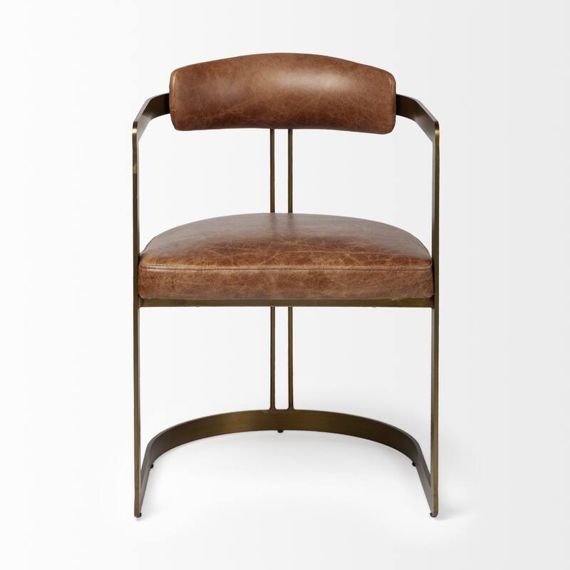 Modern Brown Leather Dining Arm Chair with Gold Metal Legs and Open Back Comfortable Seating - 29.5”H x 22.5”W x 20”D