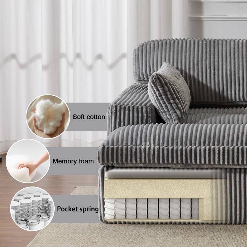 Double Chaise Lounge Chair, Oversized Upholstered Sleeper Cloud Couch, Grey Corduroy, No Assembly Required