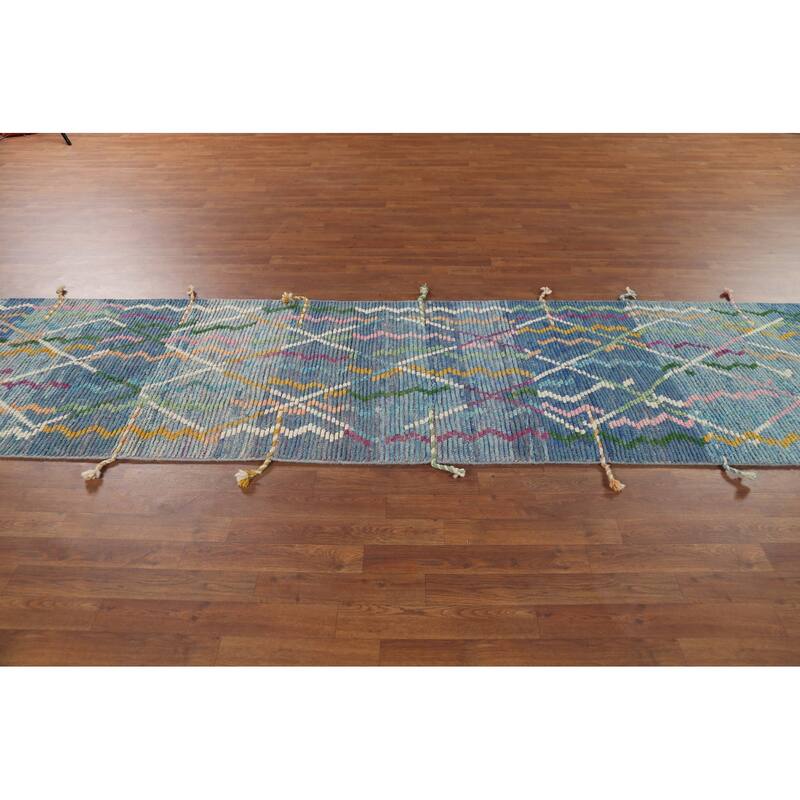 Blue Moroccan Oriental Runner Rug Hand-Knotted Wool Carpet - 2'11"x 16'5"