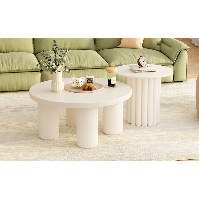 Modern Coffee Table Set of 2, Round Coffee Table with Cylindrical Leg Design and 1 End Table for Living Room