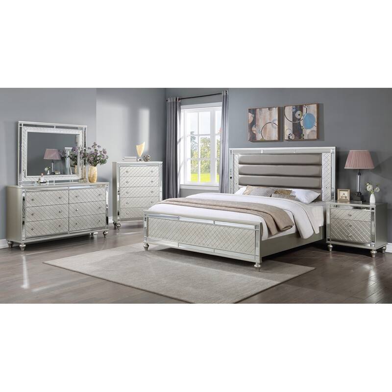 Madie Champagne LED Faux Leather Upholstered Panel Bed