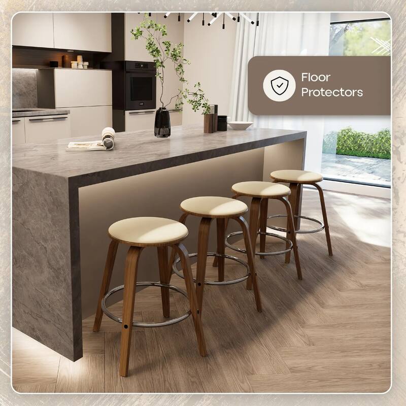 Pelya Leather Swivel Round Counter Stool with Wood Legs and Chrome Footrest for Kitchen Island or Dining Area Set of 2
