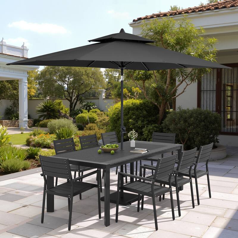 9/11-Piece Patio Dining Set Aluminum Dining Table and Chairs w/10 ft Market Umbrella and Base with Wheels