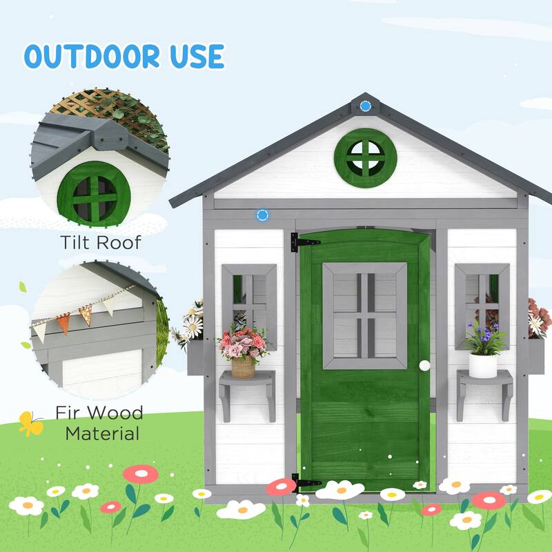 White Green and Dark Gray Wooden Kids Playhouse with Windows and Planter Boxes for Outdoor Backyard Fun Ages 3 to 8
