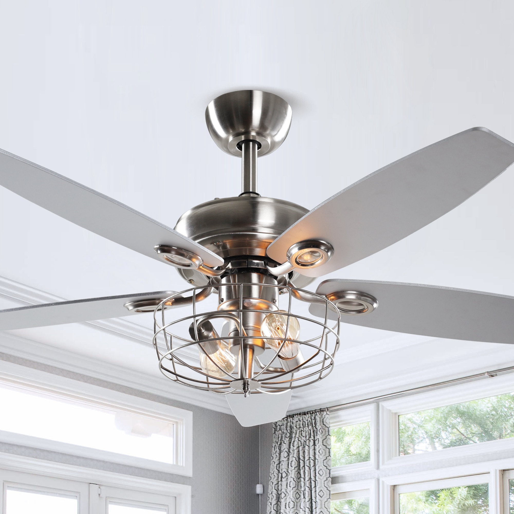 Industrial 5-Blade Brushed Nickel Caged Ceiling Fan with Remote 52 Inches  On Sale Bed Bath  Beyond 32700087