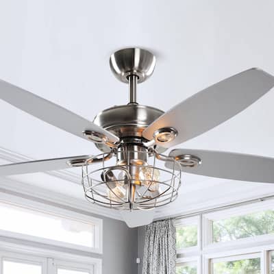 Industrial 5-Blade Brushed Nickel Caged Ceiling Fan with Remote - 52 Inches