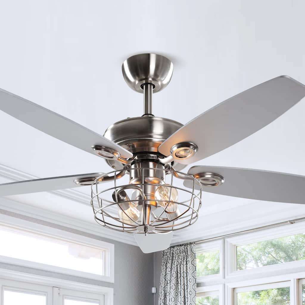 Industrial 5-Blade Brushed Nickel Caged Ceiling Fan with Remote - 52 Inches
