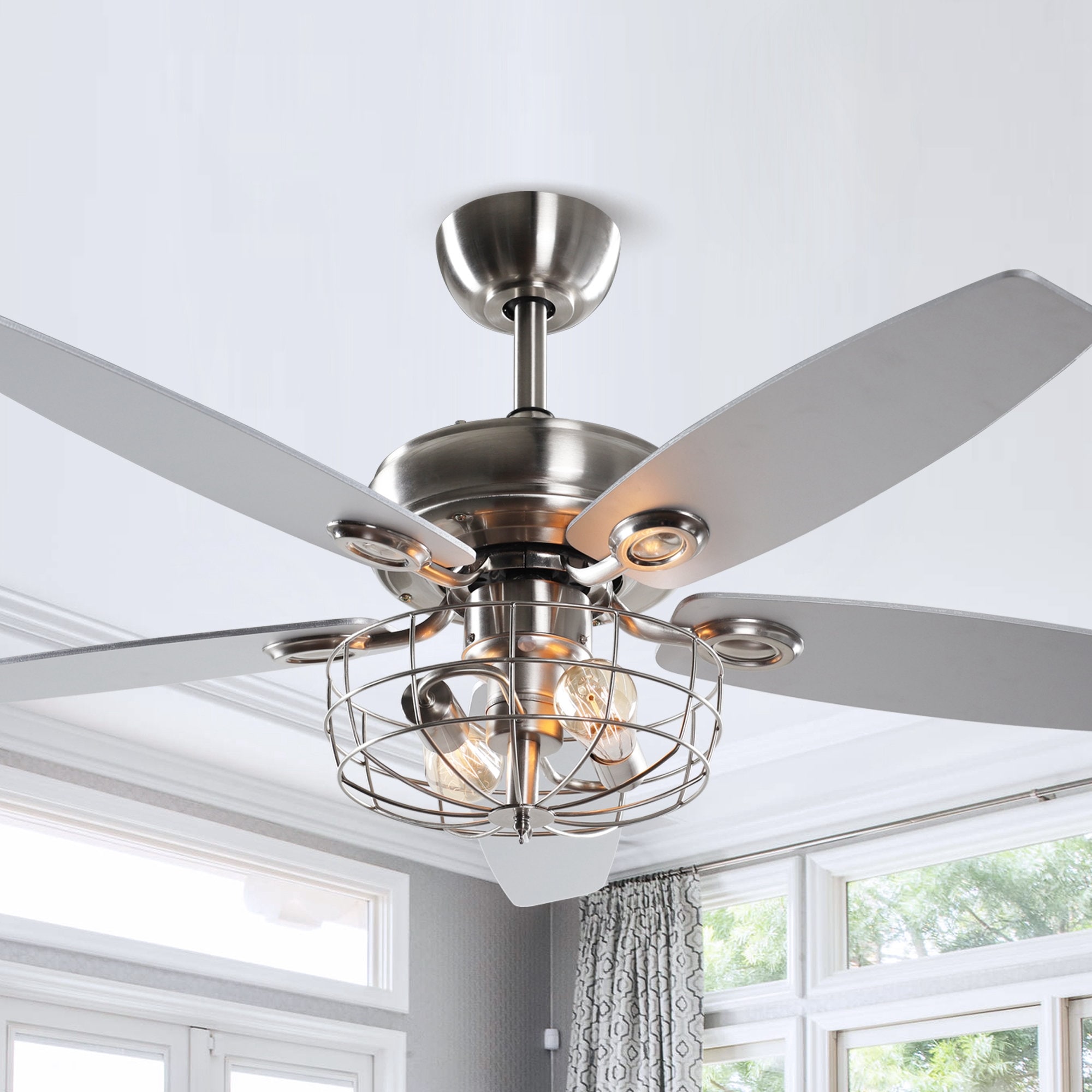 Industrial 5-Blade Brushed Nickel Caged Ceiling Fan with Remote - 52 Inches