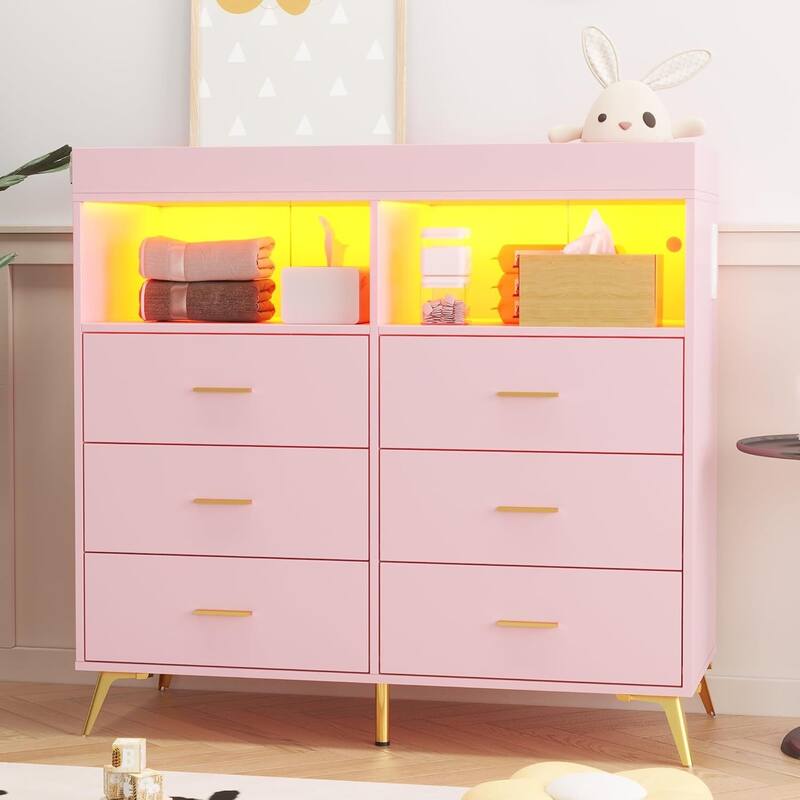 Dresser for Bedroom with 6 Drawers, Baby Changing Table Dresser with Changing Pad - Pink