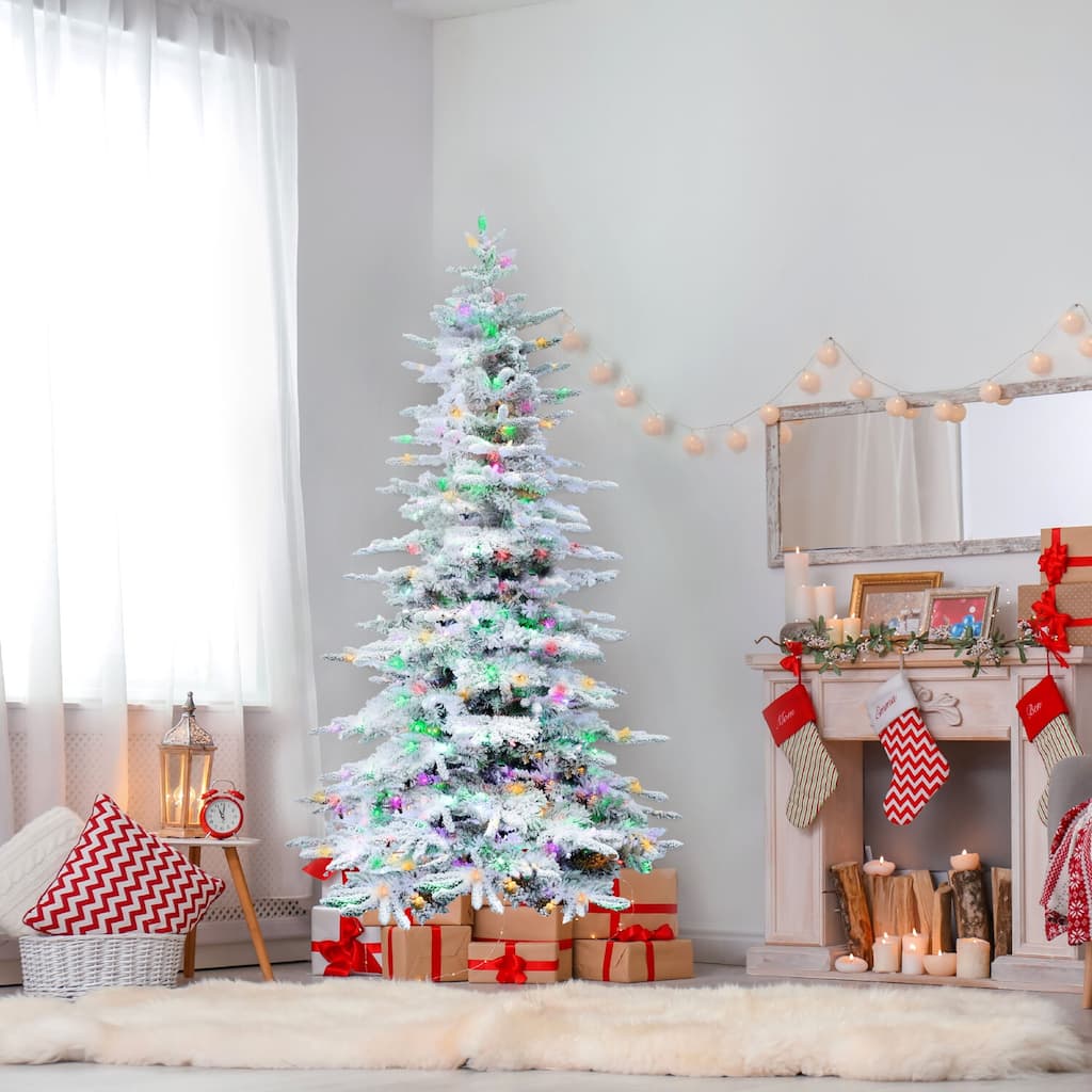 Fraser Hill Farm 6.5-Ft. Flocked Mountain Pine Christmas Tree with Multi-Color LED String Lighting - 6.5 Foot