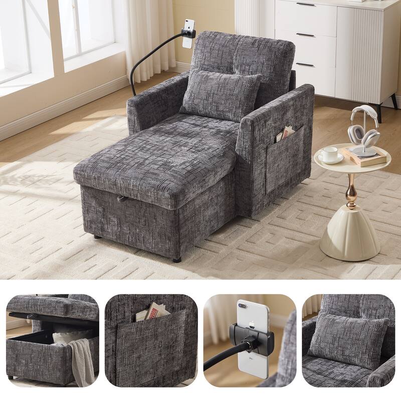 Anmytek Chenille Multifunctional Lazy Sofa Recliner with Storable Backrest Phone Holder Single Leisure Chair - Grey