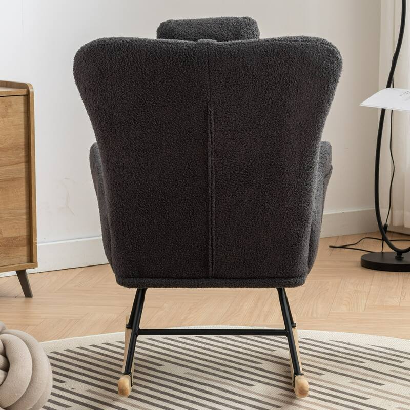 Teddy Fabric Wingback Rocking Chair for Nursery with Safe Solid Wood Base