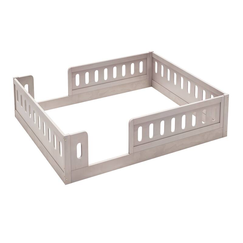 Kids Wood Floor Bed with Semi-Enclosed Guardrail and No-Slat Design