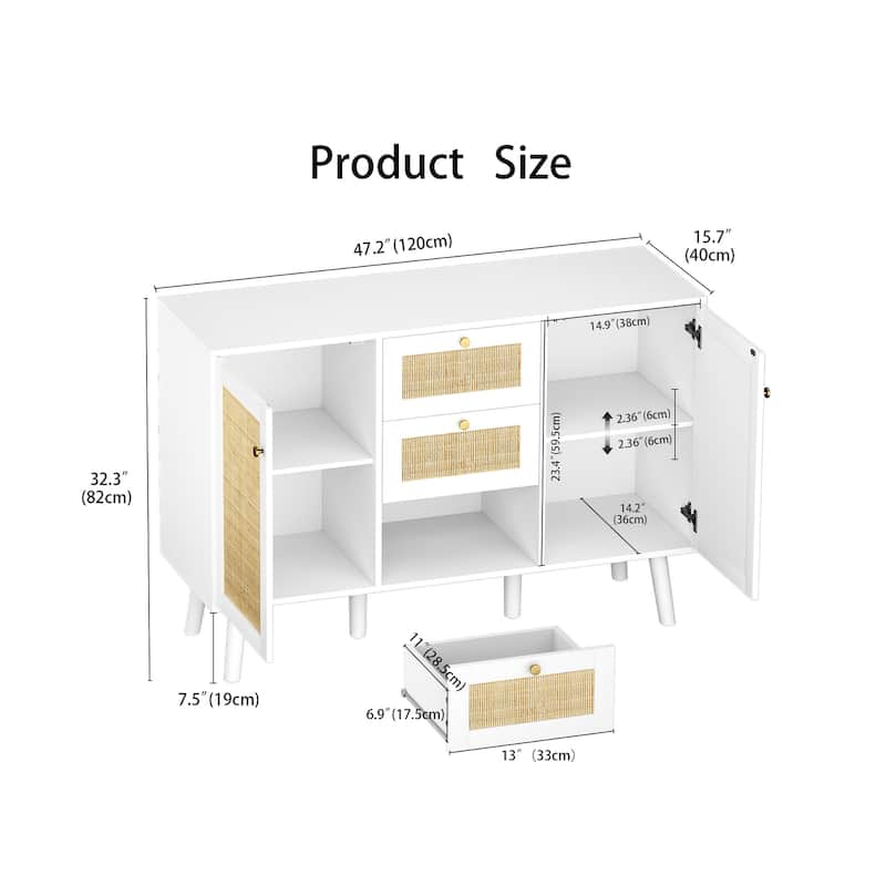 Anmytek Mid-Century Modern 47.2" W 2-Door White Buffet/Sideboard Rattan Storage Accent Cabinet with Drawers