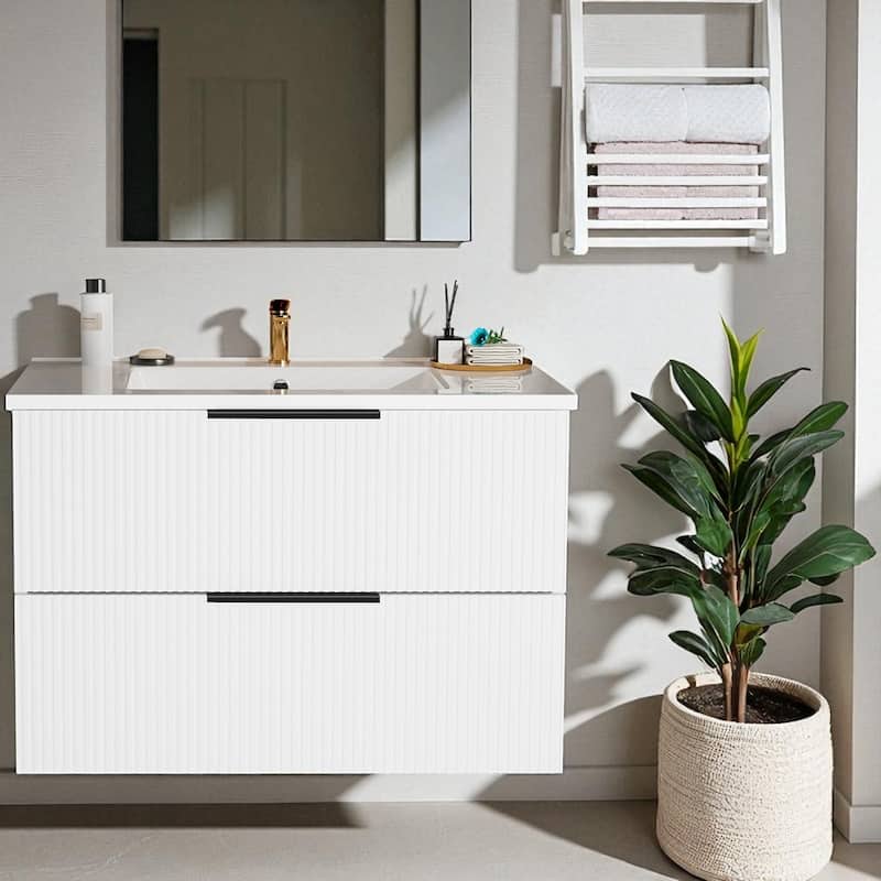 36 Inch Floating Bathroom Vanity with Ceramic Sink, Wall Mounted Fluted Cabinet with 2 Drawers, Modern MDF Design