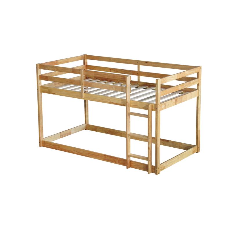 Solid Rubber Wood Twin over Twin Floor Bunk Bed with Ladder, Natural