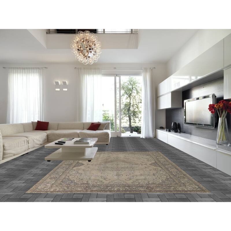 Distressed Tabriz Vintage Persian Rug Hand-Knotted Beige Wool Carpet - 9'6" x 12'8"