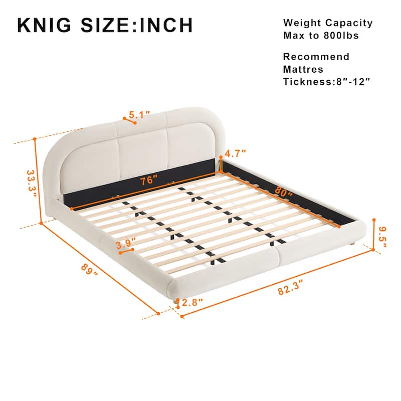 King Size Velvet Upholstered Platform Bed with Curved Headboard